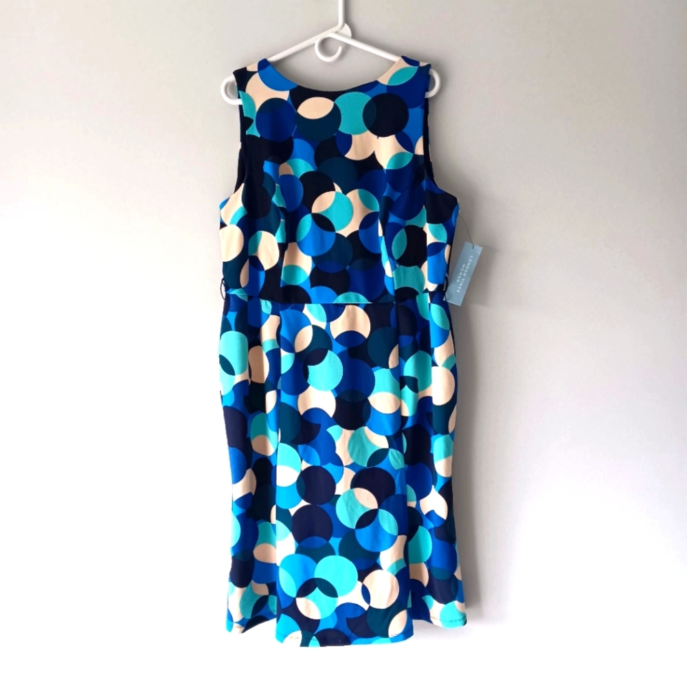 NEW London Times Sleeveless Rounded Neck Shift Dress Blue Aqua Black Circles 14W